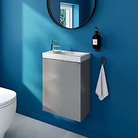 Meuble lave-mains suspendu gris brillant l.44 cm Imandra + plan vasque effet marbre blanc, GoodHome