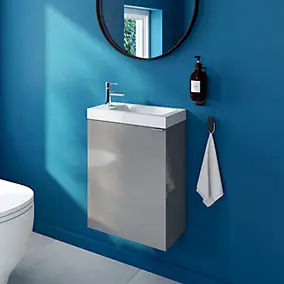 Meuble lave-mains suspendu gris brillant l.44 cm Imandra + plan vasque blanc céramique Nira, GoodHome