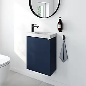 Meuble lave-mains à poser bleu nuit mat l.44 cm Imandra + plan vasque effet marbre blanc, GoodHome