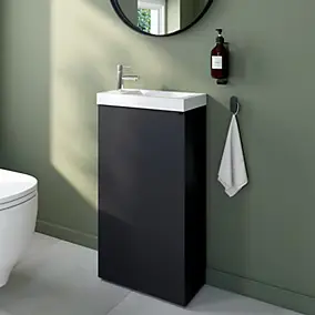 Meuble lave-mains à poser noir mat l.44 cm Imandra + plan vasque blanc céramique Nira, GoodHome