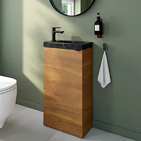 Meuble lave-mains à poser effet noyer l.44 cm Imandra + plan vasque effet marbre noir, GoodHome