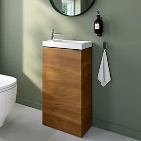 Meuble lave-mains à poser effet noyer l.44 cm Imandra + plan vasque blanc céramique Nira, GoodHome