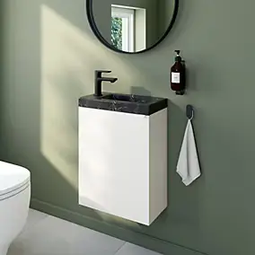 Meuble vasque suspendu blanc mat l.44 cm Imandra + plan vasque effet marbre noir, GoodHome