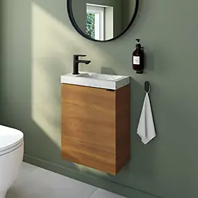 Meuble lave-mains effet noyer l.44 cm Imandra + plan vasque effet marbre blanc, GoodHome