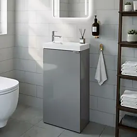 Meuble lave-mains à poser gris brillant l.44 cm Imandra + plan vasque blanc céramique Nira, GoodHome