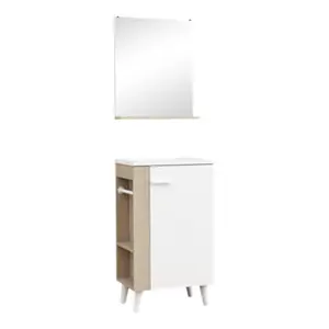 Meuble sous vasque avec miroir et lave-mains en résine bois blanc TAMORA