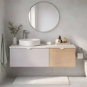 Ensemble meubles de salle de bains Kentia l.100 cm beige cachemire et effet chêne avec plan de toilette Cadélia effet marbre blanc