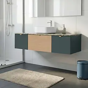 Ensemble meubles de salle de bains Kentia l.140 cm vert forêt et effet chêne avec plan de toilette Cadélia effet marbre vert