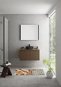 Meuble vasque suspendu plaqué noyer strié l.90 cm + plan de toilette plaqué noyer, Pura+