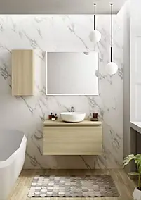 Meuble vasque suspendu effet chêne l.90 cm + plan de toilette effet chêne, Pura+