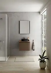 Meuble vasque suspendu plaqué noyer strié l.60 cm + plan de toilette plaqué noyer, Pura+