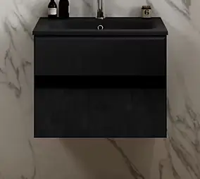 Meuble vasque suspendu noir mat et verre fumé l.60 cm + plan vasque noir mat résine, Pura+