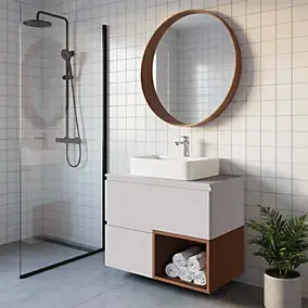 Ensemble meubles de salle de bains Kentia beige cachemire et effet noyer avec plan vasque Kentia