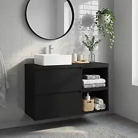 Ensemble meubles de salle de bains Kentia noir mat avec plan de toilette Cadélia effet pierre noire