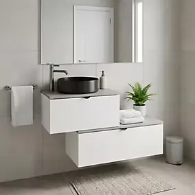 Ensemble meubles de salle de bains Kentia blanc mat avec plan de toilette Cadélia effet granit gris