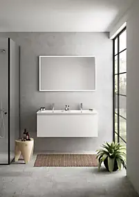 Meuble vasque suspendu blanc mat l.120 cm + plan double vasque blanc brillant céramique, Pura+