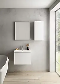 Meuble vasque suspendu blanc mat l.60 cm + plan vasque blanc brillant céramique, Pura+