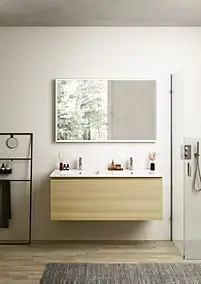 Meuble vasque suspendu effet chêne l.120 cm + plan double vasque blanc céramique, Pura+