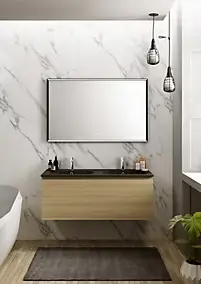 Meuble vasque suspendu effet chêne l.120 cm + plan double vasque noir résine, Pura+