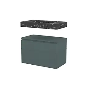 Meuble sous vasque vert forêt l.80 cm + plan vasque finition noir veiné l.80 cm Stonetec + plan de toilette vert forêt l.80 cm Kentia