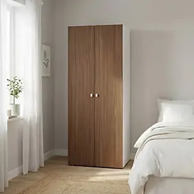 Armoire 2 tablettes 2 tiroirs 2 portes battantes effet chêne foncé et blanc GoodHome Atomia H. 225 x L. 75 x P. 58 cm