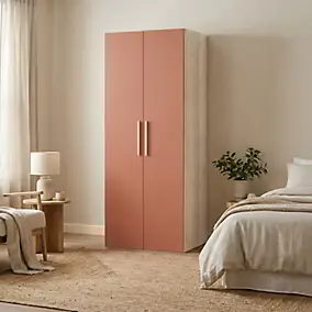 Armoire 2 tablettes 2 tiroirs 2 portes battantes terracotta et effet chêne GoodHome Atomia H. 225 x L. 75 x P. 58 cm