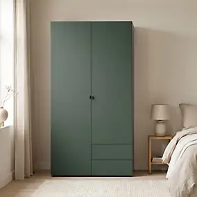Armoire penderie 2 portes battantes 2 tiroirs vert forêt et effet chêne grisé GoodHome Atomia H. 187 x L. 100 x P. 58 cm