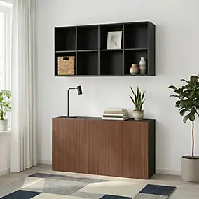 Meuble TV effet noyer et noir 4 portes avec étagère suspendue GoodHome Atomia H. 150 x L. 150 x P. 35 cm