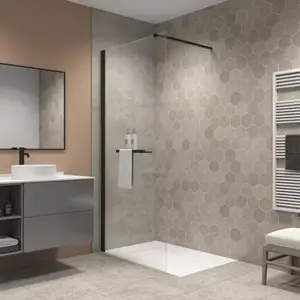 Paroi de douche à l'italienne l.90 x H.190 cm verre trempé 6 mm noir mat avec porte-serviettes