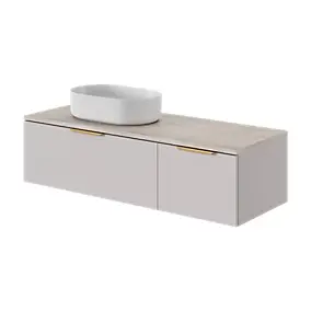 2 meubles sous vasque beige cachemire l.80 et l.40 cm Kentia + plan de toilette effet travertin l.120 cm Cadélia + 2 poignées doré l.6,5 cm Kentia