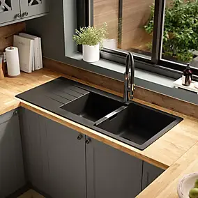 Évier à encastrer en composite de quartz noir 2 bacs avec égouttoir, L.116 x P.50 cm, GoodHome Torla