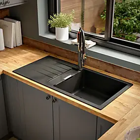 Évier à encastrer en composite quartz noir 1 bac avec égouttoir l.100 x P.50 cm, GoodHome Torla