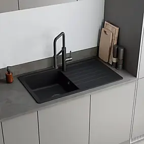 Évier à encastrer en composite quartz noir 1 bac avec égouttoir, L.86 x P.50 cm, GoodHome Alland