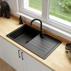 Evier quartz, rectangulaire 1 bac noir encastré ALLAIRE - 86x50x28,2 cm
