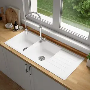 Evier quartz, rectangulaire 2 bacs blanc encastré ALLAIRE - 116x50x28,2 cm