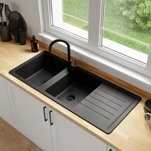 Evier quartz, rectangulaire 2 bacs noir, égouttoir réversible ALLAIRE - 116x50x28,2 cm