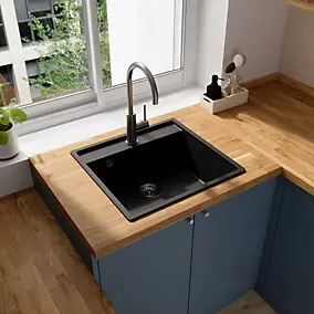 Évier à encastrer en composite quartz noir 1 bac, L.53 x P.50 cm, GoodHome Hirase