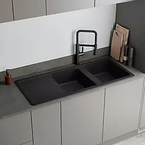 Évier à encastrer en composite quartz 2 bacs avec égouttoir L.116 x P.50 cm, GoodHome Alland