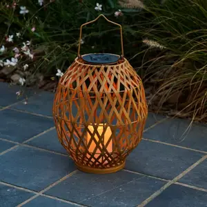 Lanterne solaire LED bambou effet rotin 3000 K IP44 hauteur 35 cm diamètre 22 cm