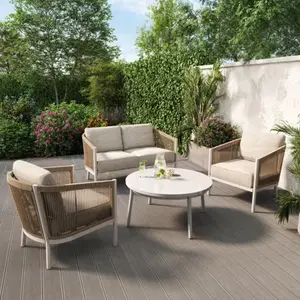 Salon de jardin 4 places beige acier et effet rotin NERIO