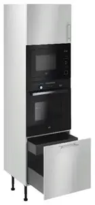 Colonne four + micro-ondes "Dorice" blanc brillant l.60 x h.201 x p.57 cm + 1 porte + 1 porte avec casserolier et tiroir intérieur
