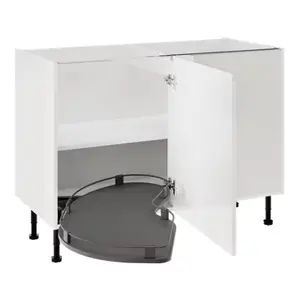 Meuble bas d'angle de cuisine 120 cm blanc brillant avec rangement coulissant GLORIAN