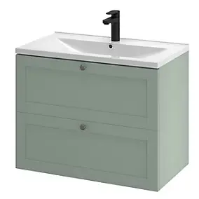 Meuble sous vasque suspendu vert sauge l.80 cm 2 tiroirs Imandra + plan vasque blanc céramique Nira, GoodHome
