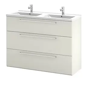 Meuble sous vasque à poser gris galet l.120 cm 3 tiroirs Imandra + plan double vasque blanc céramique Nira, GoodHome