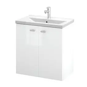 Meuble sous vasque suspendu blanc brillant l.60 cm 2 portes Imandra + plan vasque faible profondeur blanc céramique Nira, GoodHome