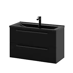 Meuble sous vasque suspendu noir mat l.100 cm 2 tiroirs Imandra + plan vasque noir porcelaine vitrifiée Nira, GoodHome