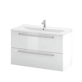 Meuble sous vasque suspendu blanc brillant l.100 cm 2 tiroirs Imandra + plan vasque blanc céramique Nira, GoodHome