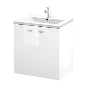 Meuble sous vasque suspendu blanc brillant l.60 cm 2 portes Imandra + plan vasque blanc céramique Nira, GoodHome