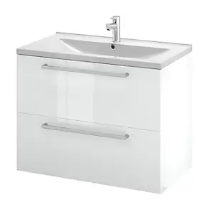 Meuble sous vasque suspendu blanc brillant l.80 cm 2 tiroirs Imandra + plan vasque blanc céramique Nira, GoodHome