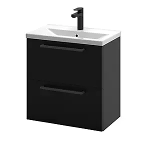 Meuble sous vasque suspendu noir l.60 cm 2 tiroirs Imandra + plan vasque faible profondeur blanc céramique Nira, GoodHome